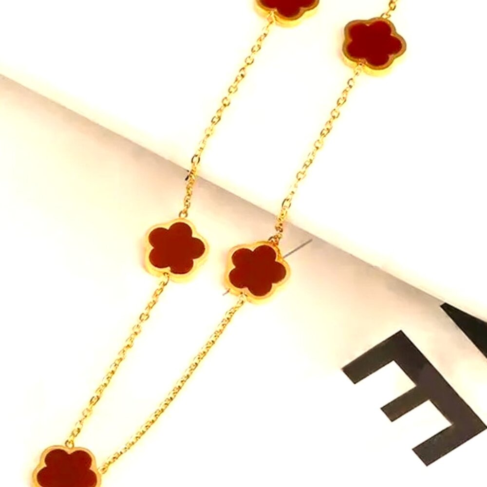18K MATTE GOLD DIPPED 5 FLORAL CLOVERS RED ENAMEL INLAY NECKLACE